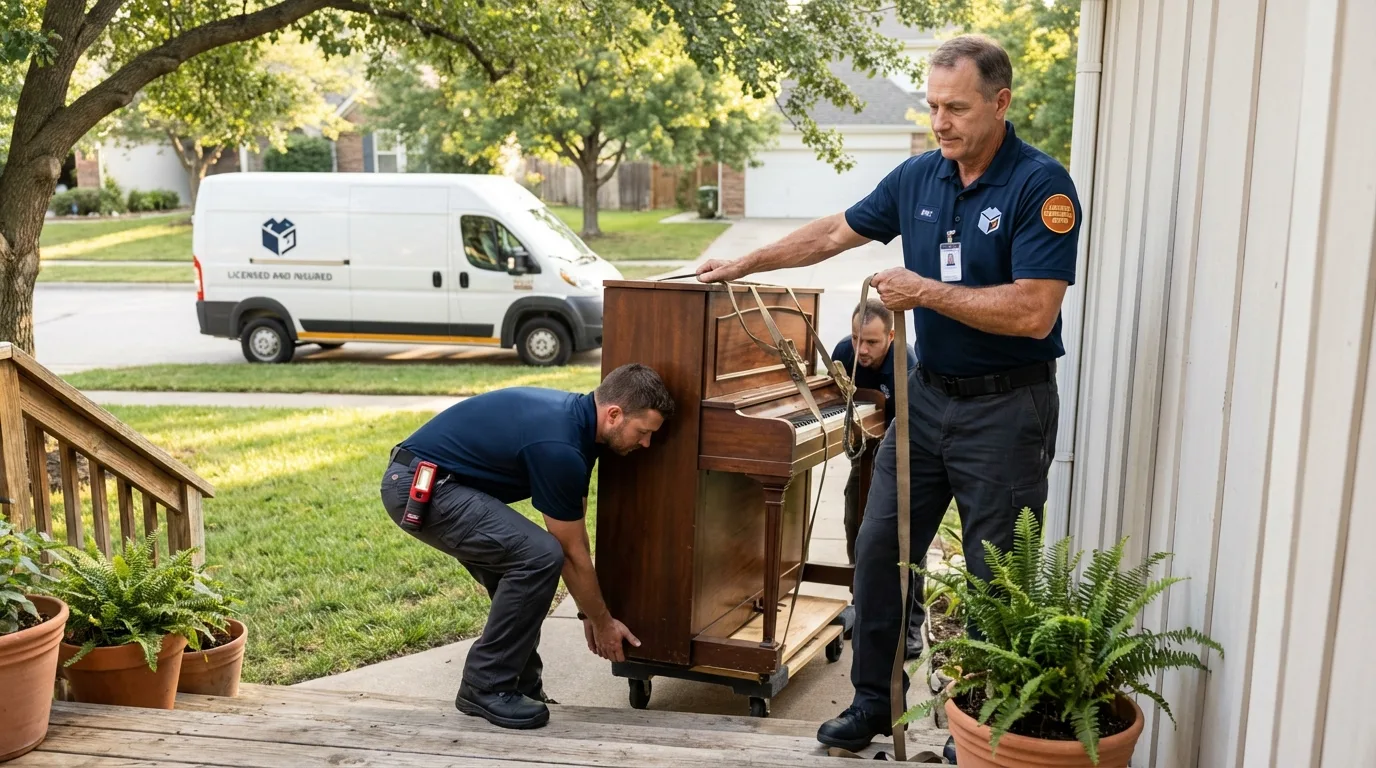 Licensed piano movers securing grand piano in Warren, IN