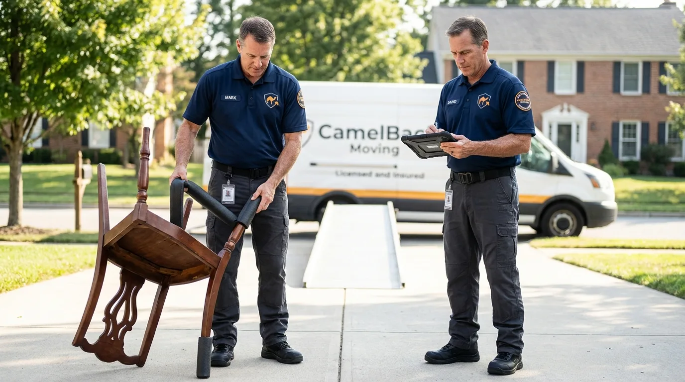 Movers inspecting furniture for damage prevention before loading in Warren, IN